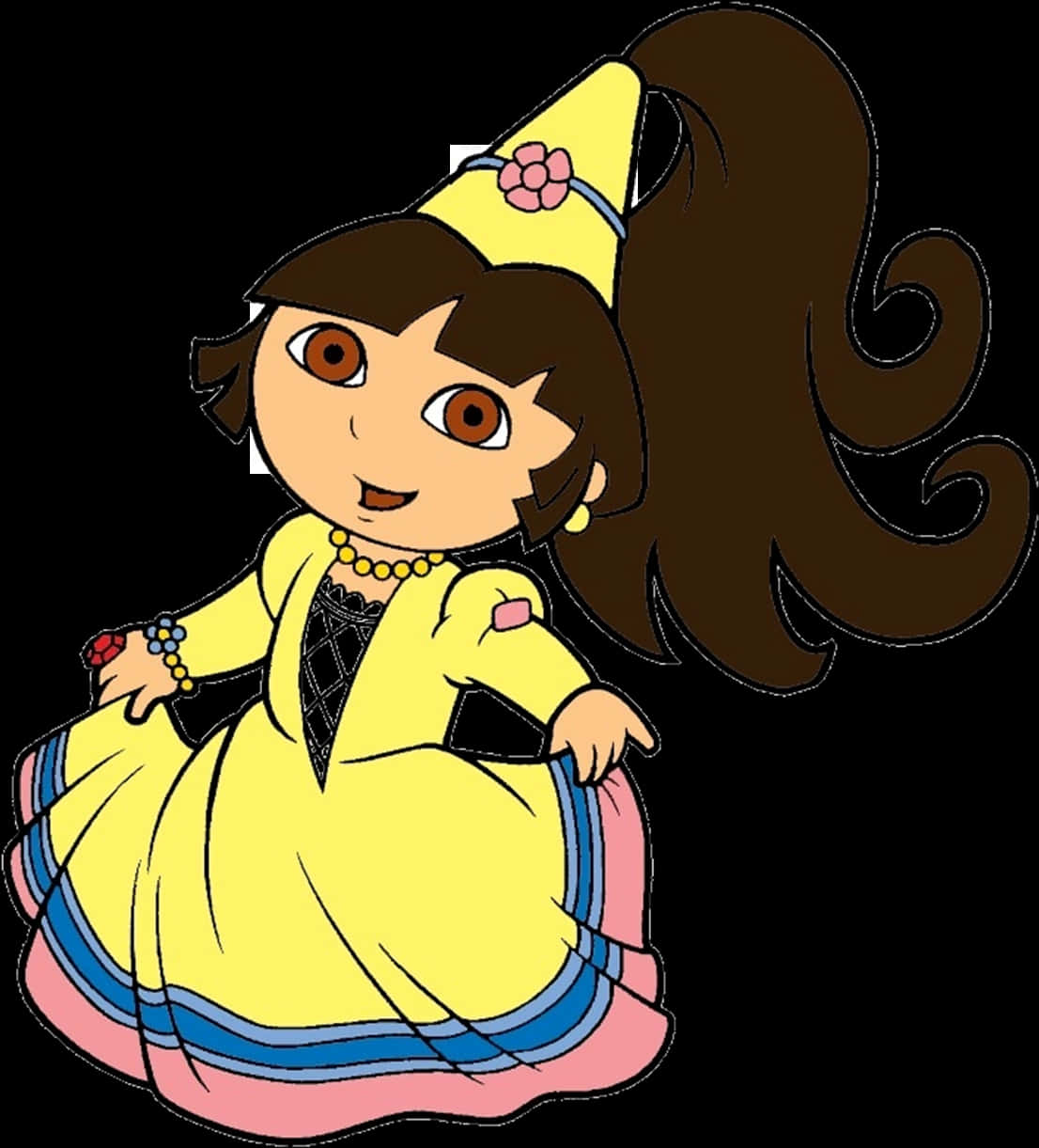 Dora 桌布 壁紙 — 一個快樂的卡通女孩，穿著黃色連衣裙和帽子，戴著粉紅色的花，在黑色背景上微笑。