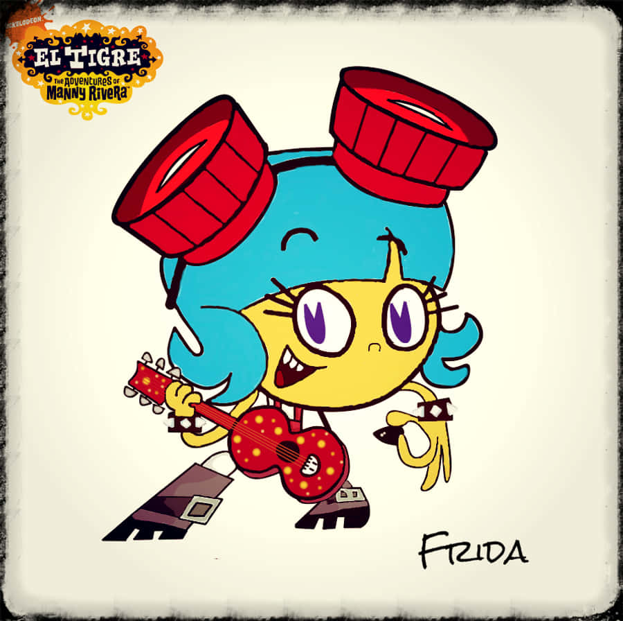 frida 桌布 壁紙 — 一個快樂的卡通女孩，藍色頭髮，戴著紅色鼓帽，帶著喜悅的表情彈奏一把紅色圓點吉他。