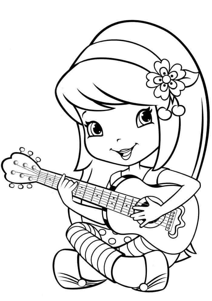 Cute Coloring 桌布 壁紙 — 一個快樂的卡通女孩，頭髮上插著一朵花，盤腿坐著彈奏木吉他，黑白線條畫。