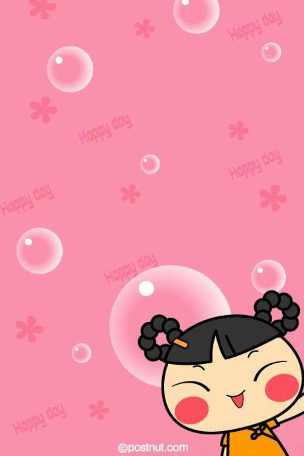 girly pink aesthetic 桌布 壁紙 — 一個快樂的卡通女孩，黑色辮子，在充滿浮動泡泡和花朵的粉紅色背景上愉快地微笑。