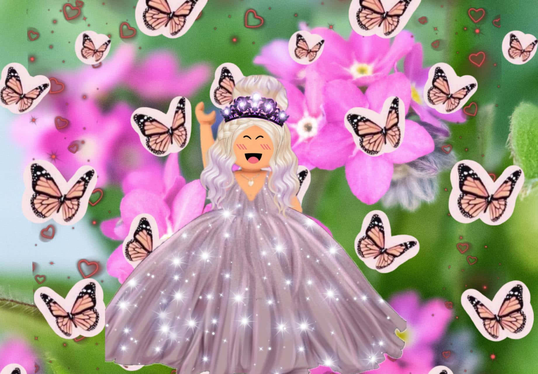 Roblox Pink 桌布 壁紙 — 一個快樂的卡通女孩穿著閃閃發光的禮服，站在粉紅色的花朵和翩翩起舞的蝴蝶中，心形圖案在她周圍飄浮。