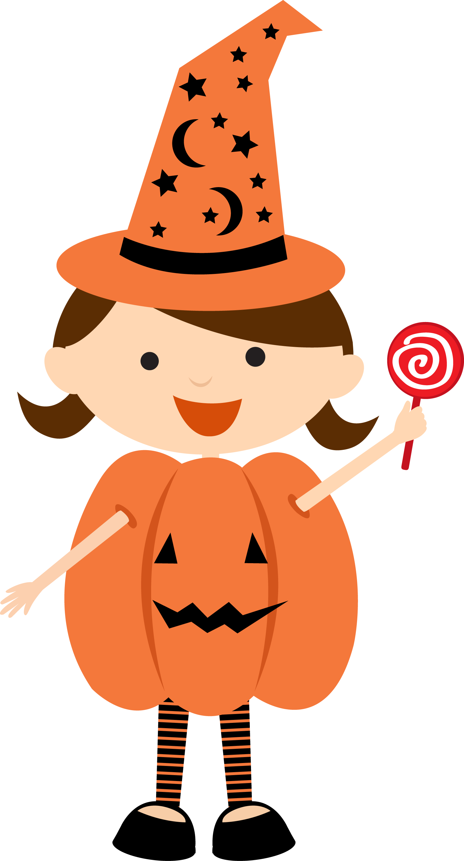 Halloween Costume 桌布 壁紙 — 一個快樂的卡通女巫，穿著橙色南瓜服裝，戴著星星帽子，在黑色背景前拿著一根糖果手杖。