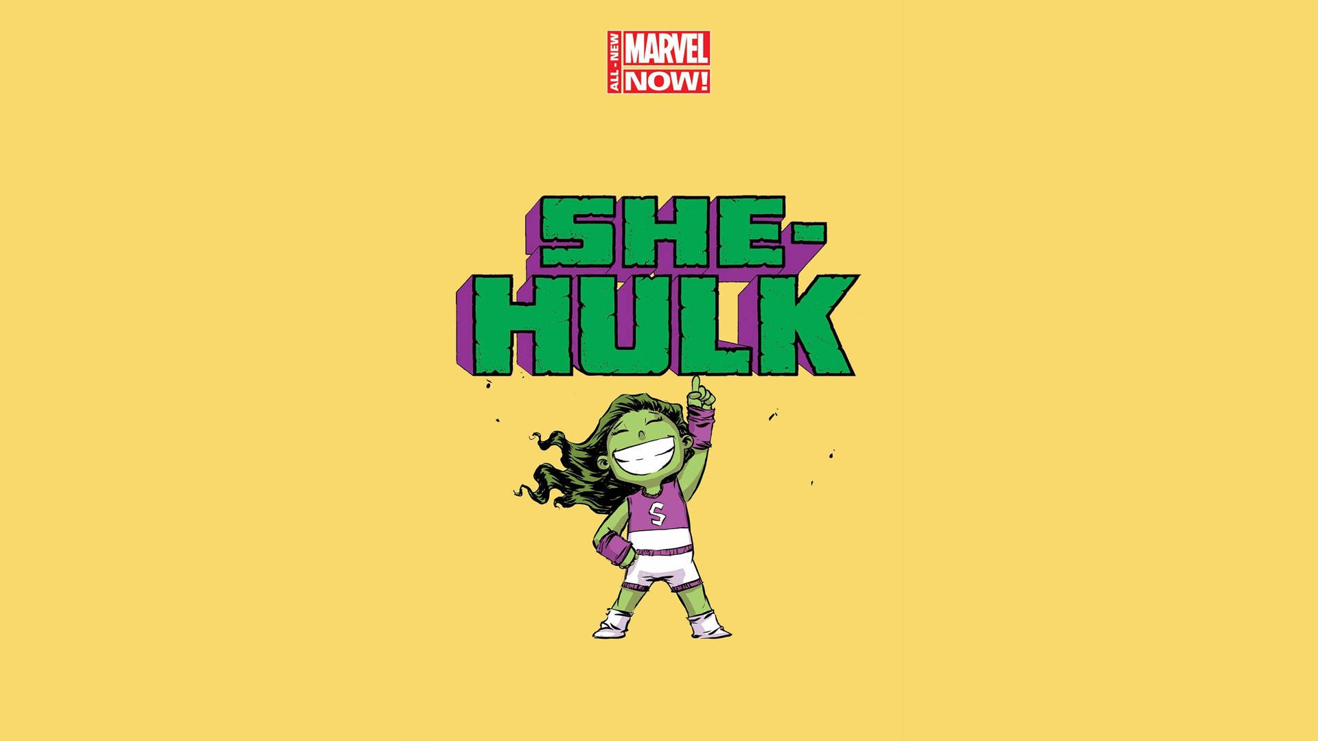 she 桌布 壁紙 — 一個快樂的卡通女浩克，穿著紫色和白色的運動服，在純黃色背景上微笑並舉起拳頭。