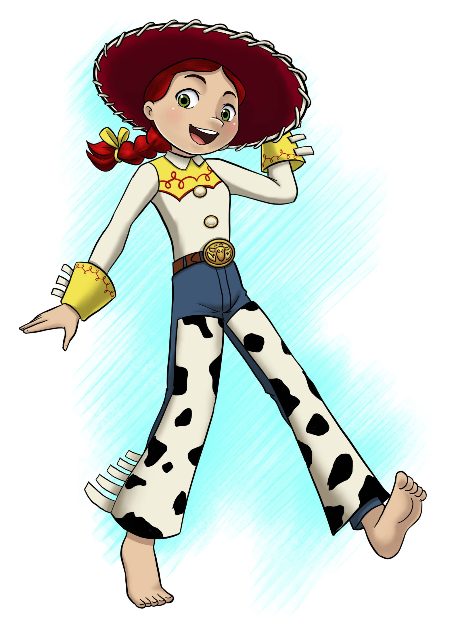 Jessie 桌布 壁紙 — 一個快樂的卡通女牛仔，紅色頭髮紮成辮子，戴著牛仔帽，穿著乳牛紋褲子和靴子，在淺藍色背景前擺姿勢。