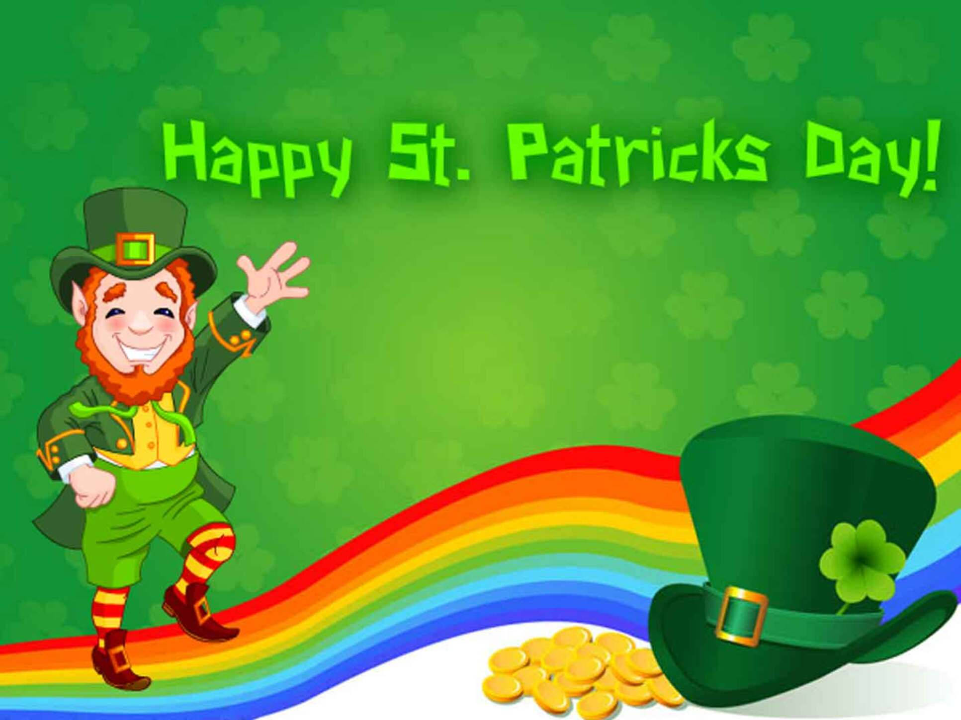St Patrick's Day 桌布 壁紙 — 一個快樂的卡通妖精在彩虹旁邊揮手，彩虹通向一罐黃金和一頂帶有三葉草的綠色帽子。