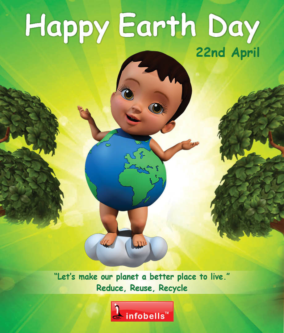 Earth Day 桌布 壁紙 — 一個快樂的卡通嬰兒，以地球儀為軀幹，站在樹間的雲朵上，以燦爛的綠色背景慶祝地球日。