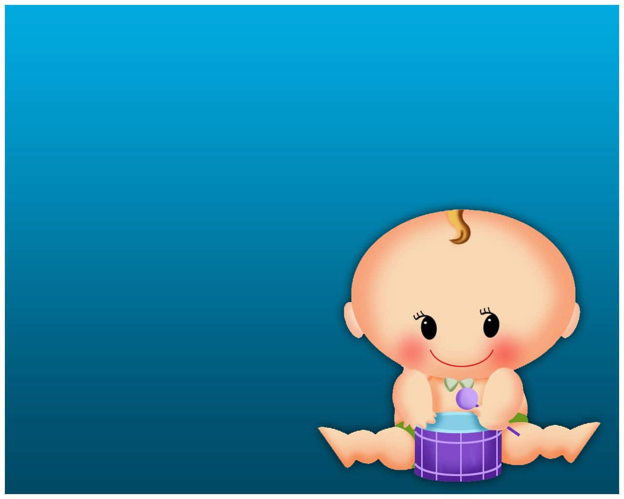 Baby 桌布 壁紙 — 一個快樂的卡通嬰兒，有一條捲髮，開心地坐在漸變藍色背景前打紫色鼓。