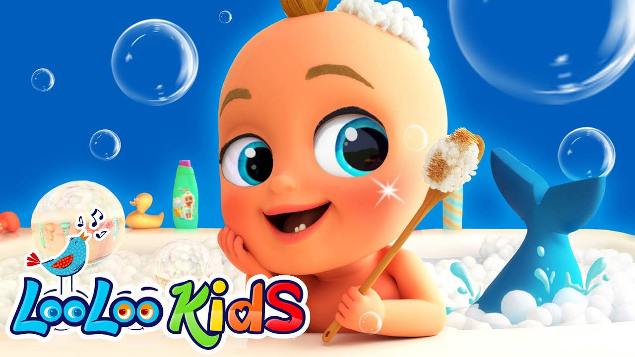 Bubbles 桌布 壁紙 — 一個快樂的卡通嬰兒，藍眼睛，在充滿泡泡的浴缸裡微笑刷牙，旁邊有玩具。