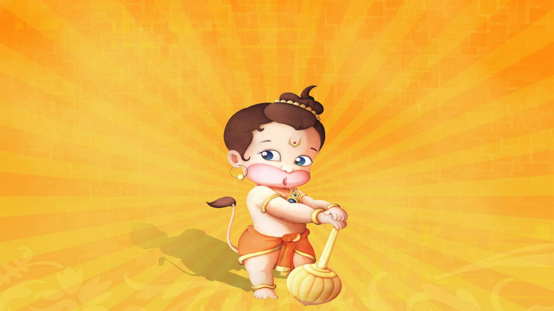 hanuman art 桌布 壁紙 — 一個快樂的卡通嬰兒克里希納，有猴子尾巴，在燦爛的橙色太陽爆發背景前拿著金色狼牙棒。