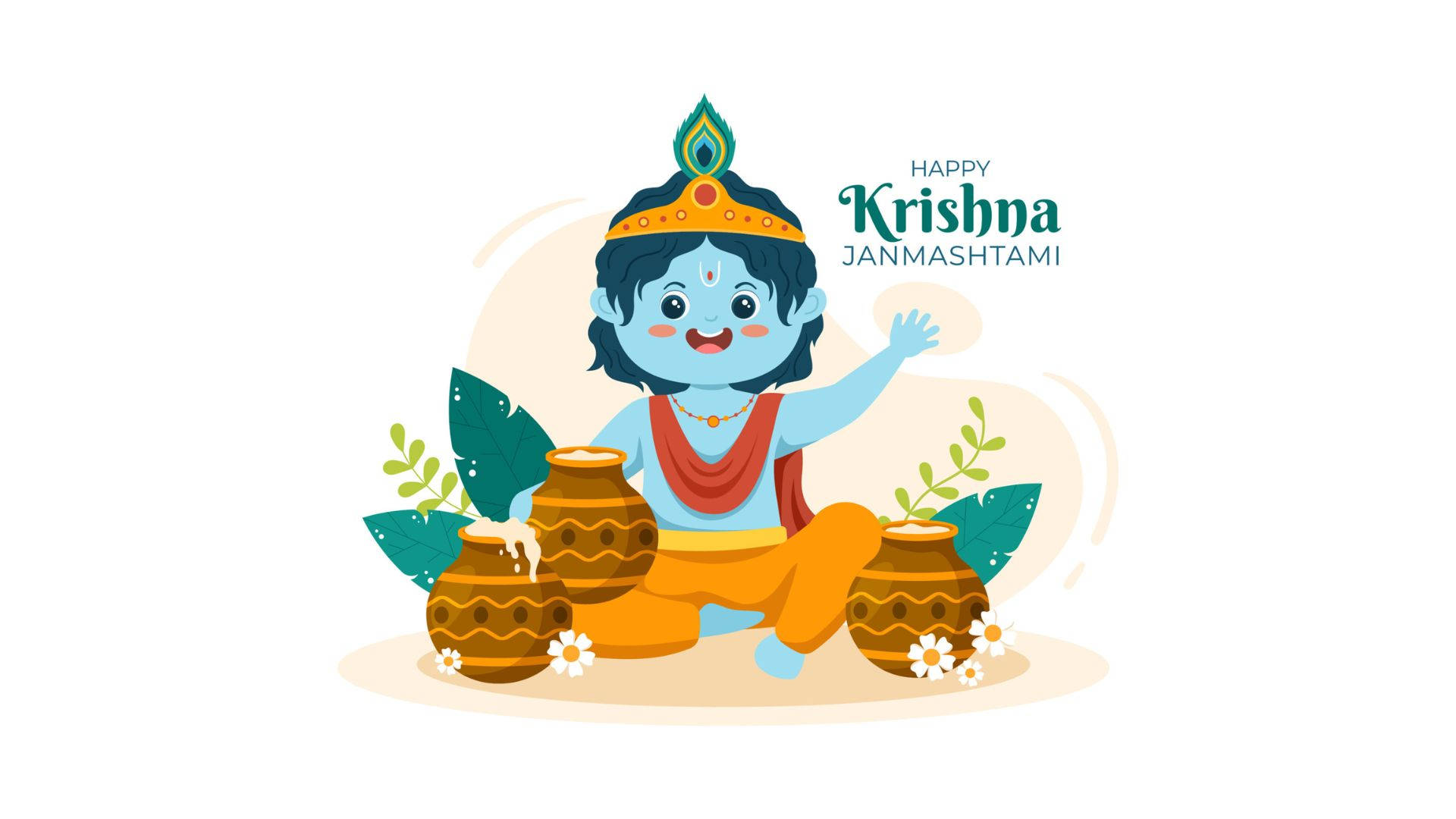 cute krishna 桌布 壁紙 — 一個快樂的卡通嬰兒克里希納，藍色皮膚和橙色多蒂，坐在陶罐和綠葉旁邊，帶有慶祝 Janmashtami 的文字。
