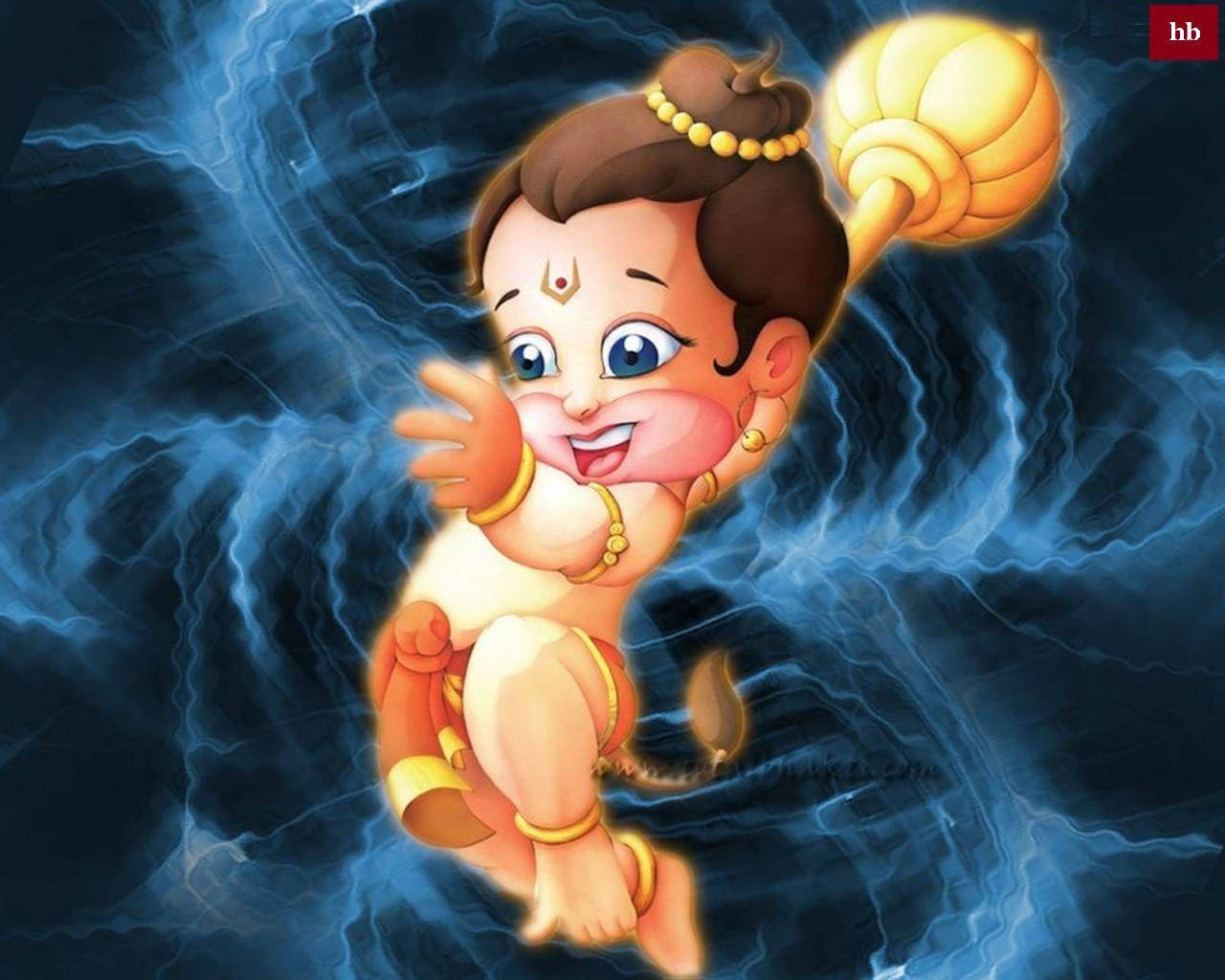 桌布 壁紙 — 一個快樂的卡通嬰兒神，帶有金色裝飾，漂浮在旋轉的藍色能量中，手持發光的狼牙棒。