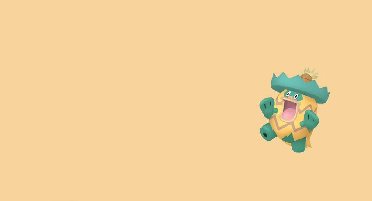 Pokemon Aesthetic 桌布 壁紙 — 一個快樂的卡通寶可夢，有鳳梨頭和綠色四肢，在純蜜桃色背景上愉快地跳躍。