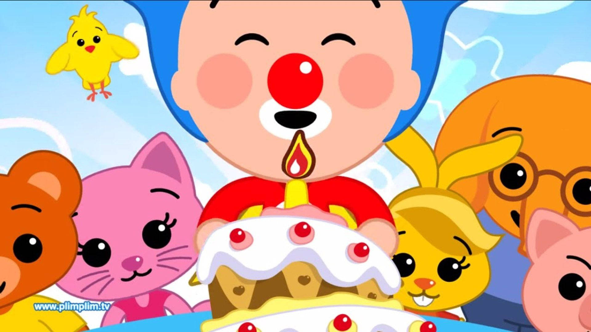 卡通小丑與動物朋友一起吹生日蠟燭。 — 小孩動圖 壁紙