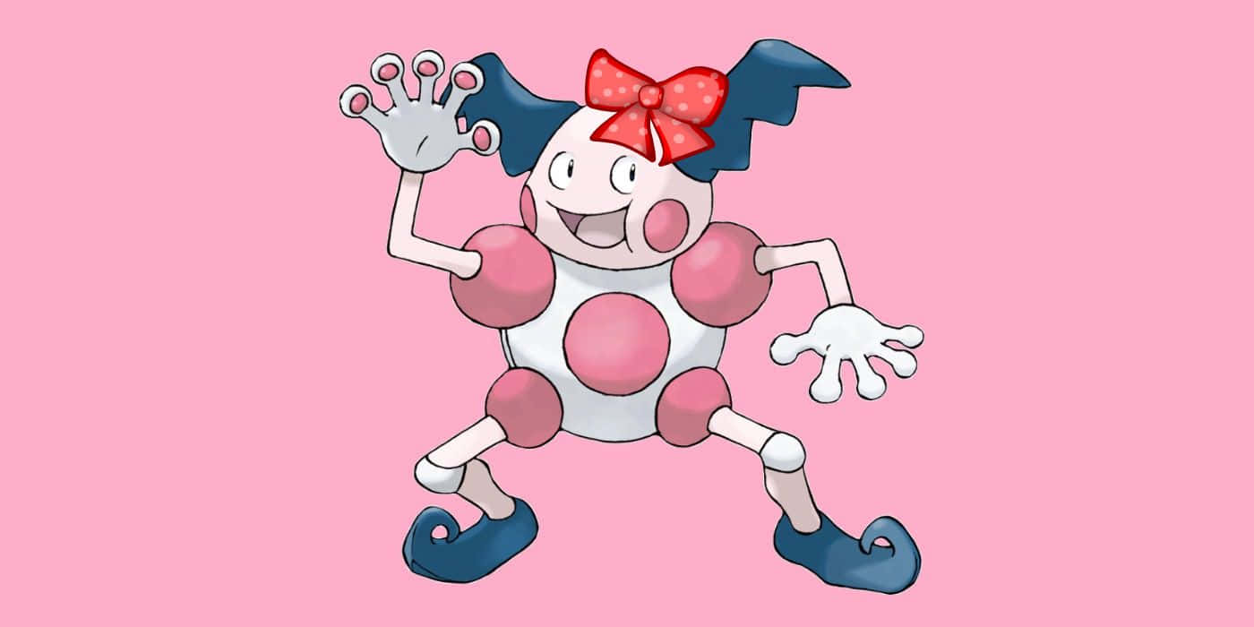 Mr. Mime 桌布 壁紙 — 一個快樂的卡通小丑寶可夢，帶有粉紅色斑點、藍色頭髮和紅色蝴蝶結，在純粉紅色背景上開心地揮手。