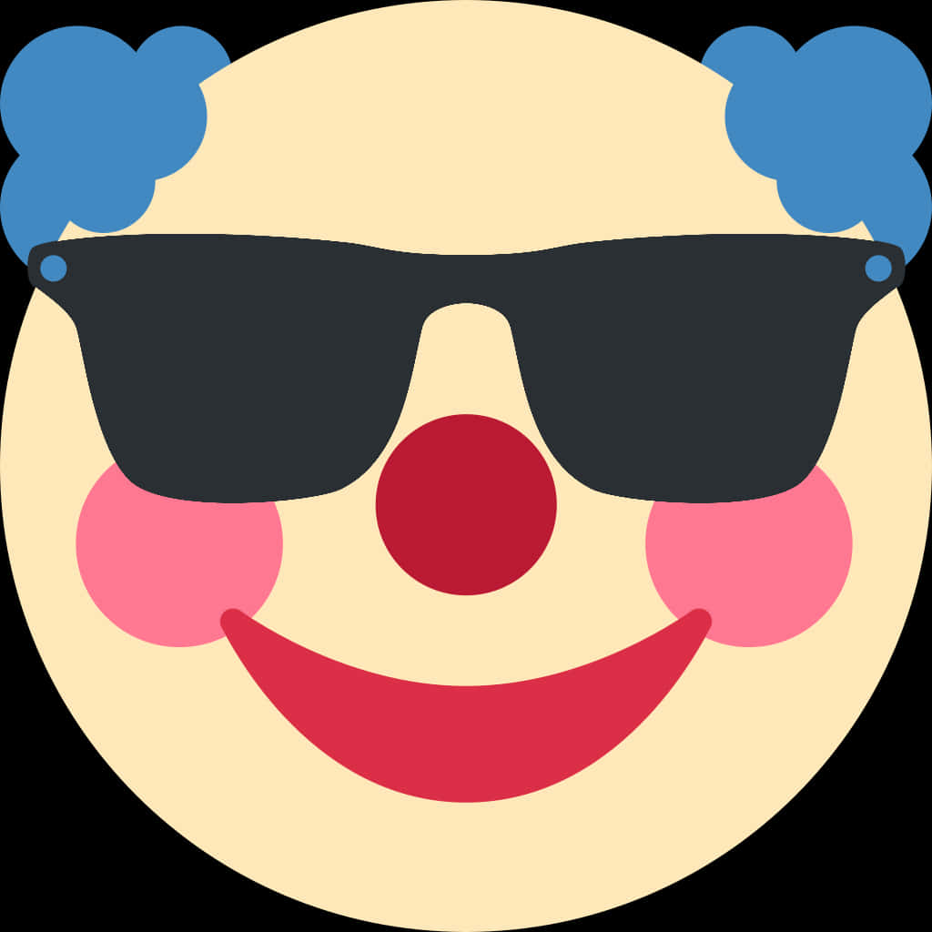 Clown Emoji 桌布 壁紙 — 一個快樂的卡通小丑臉，帶有藍色絨球、黑色太陽眼鏡、紅色鼻子和臉頰，以及一個燦爛的笑容。