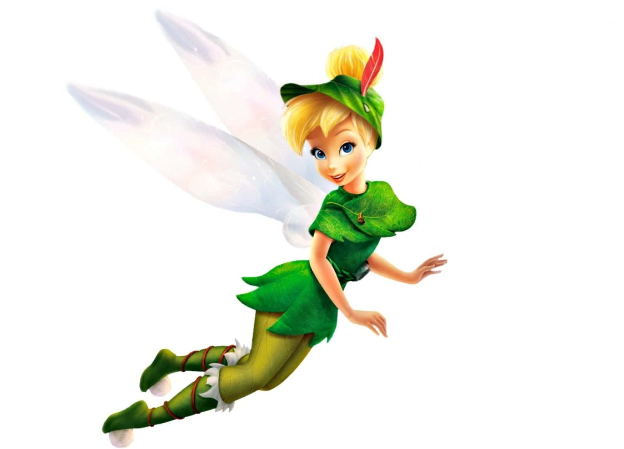 Cute Fairy 桌布 壁紙 — 一個快樂的卡通小仙子，金髮，半透明翅膀，穿著綠色葉子服裝，在純白背景中飛翔。