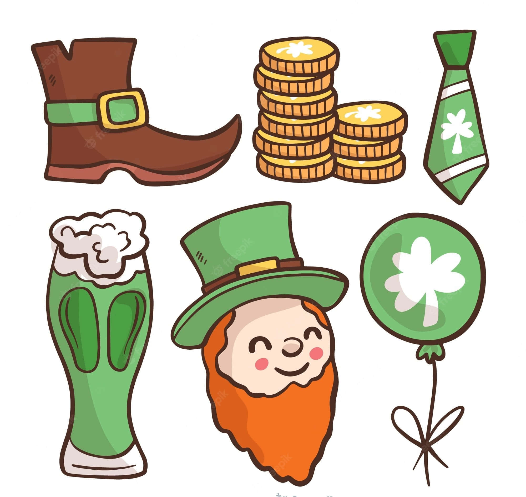 St Patrick's Day 桌布 壁紙 — 一個快樂的卡通小妖精，紅鬍子，綠帽子，被三葉草氣球、金幣和一杯綠色啤酒包圍。