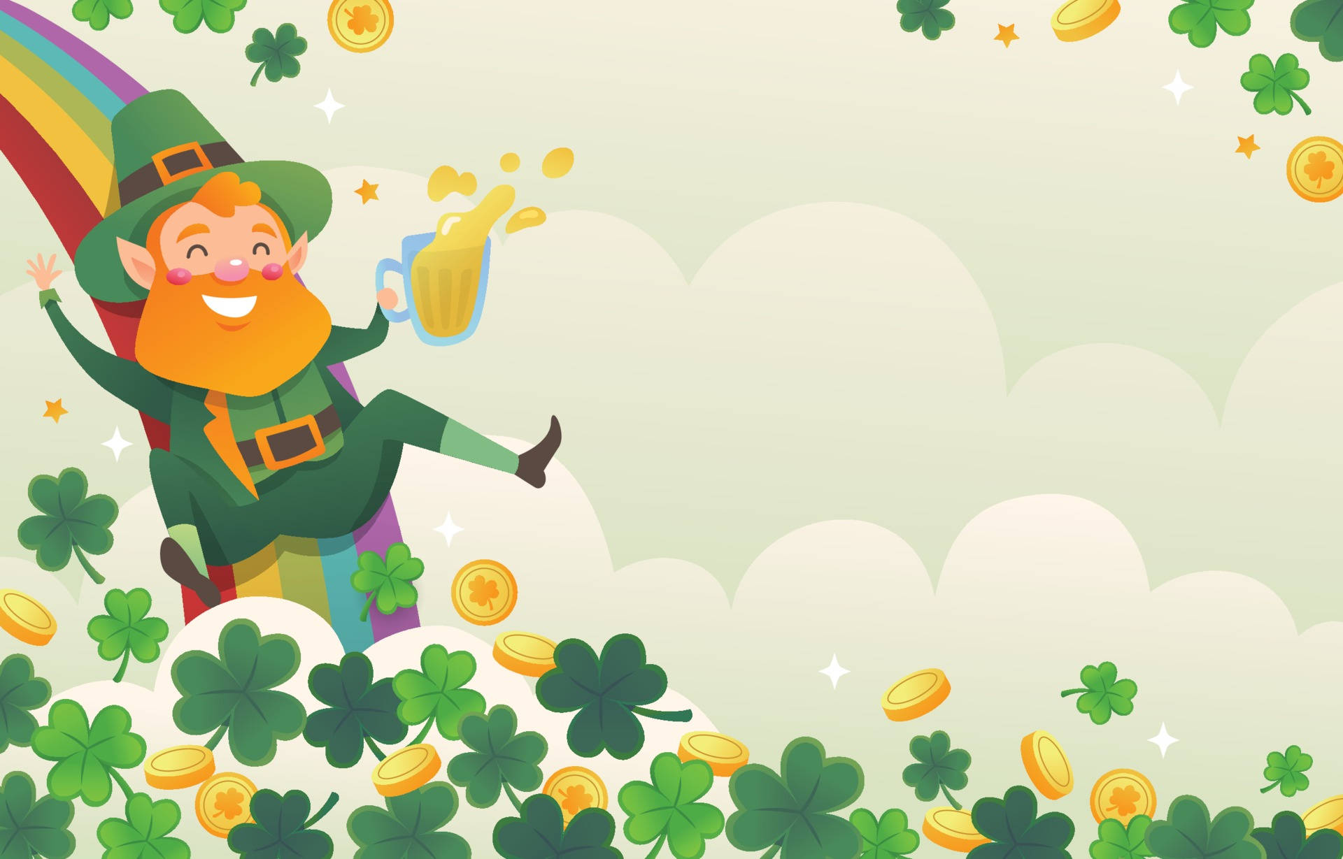 Leprechaun 桌布 壁紙 — 一個快樂的卡通小妖精騎著彩虹，同時從杯子裡倒出金幣和三葉草到蓬鬆的雲朵上。