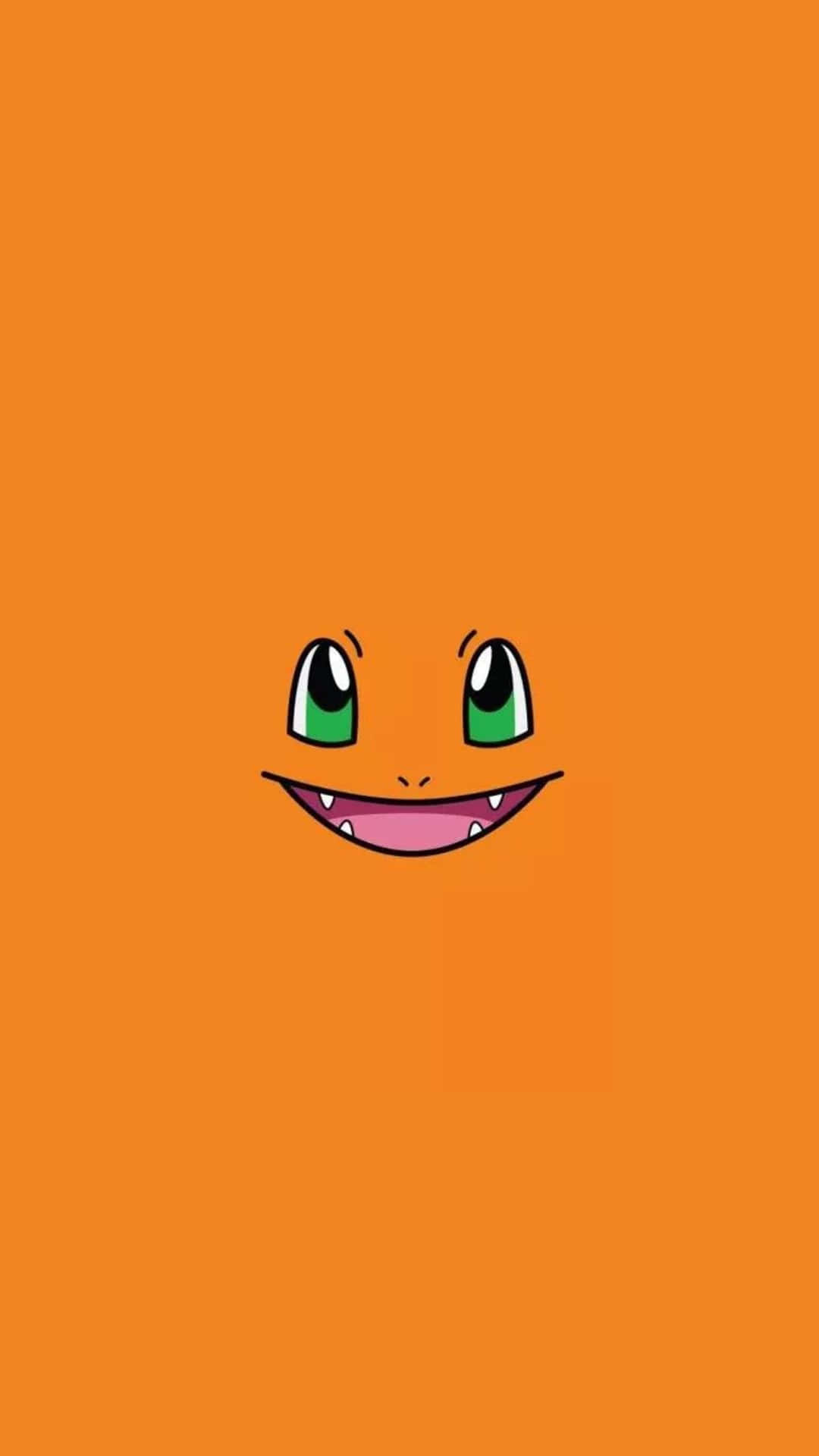 Cute Charmander 桌布 壁紙 — 一個快樂的卡通小火龍臉孔，有綠色眼睛和寬闊的笑容，居中在純橙色背景上。