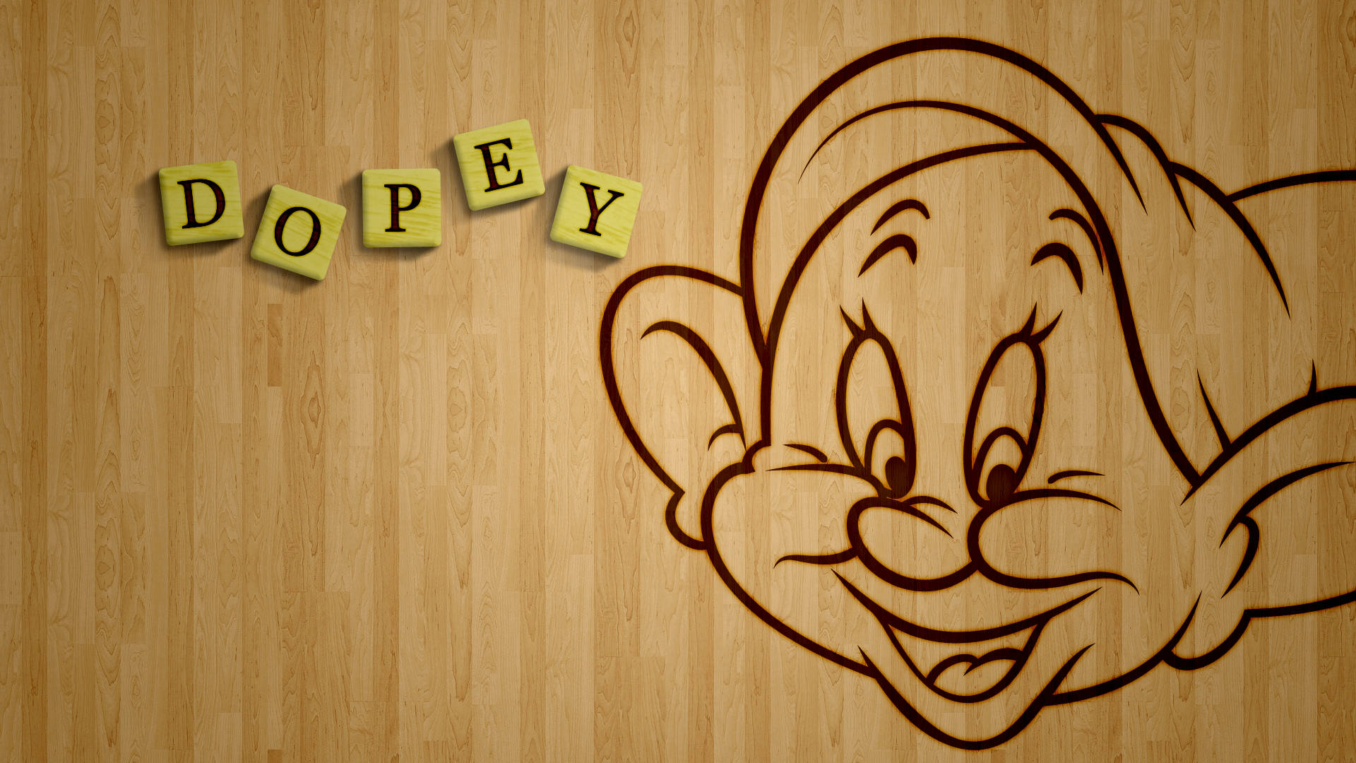 Dopey 桌布 壁紙 — 一個快樂的卡通小矮人臉孔和黃色方塊中的「DOPEY」字樣，背景為淺色木紋。
