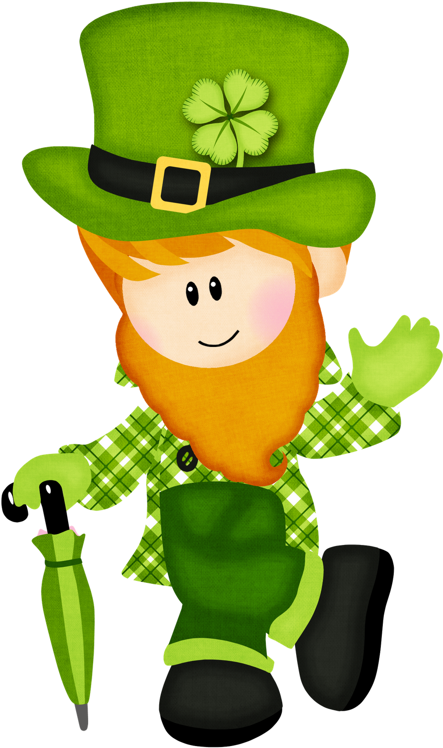 Saint Patricks Day 桌布 壁紙 — 一個快樂的卡通小矮妖，紅鬍鬚、戴綠帽，揮手時拿著一把合上的綠色雨傘。