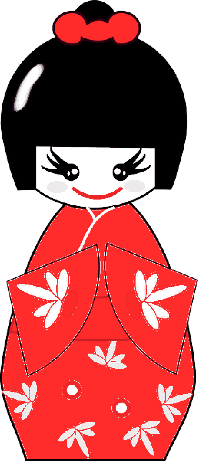 Geisha 桌布 壁紙 — 一個快樂的卡通小芥子娃娃，黑色波波頭，紅色蝴蝶結，紅色和服飾有白色葉子圖案。