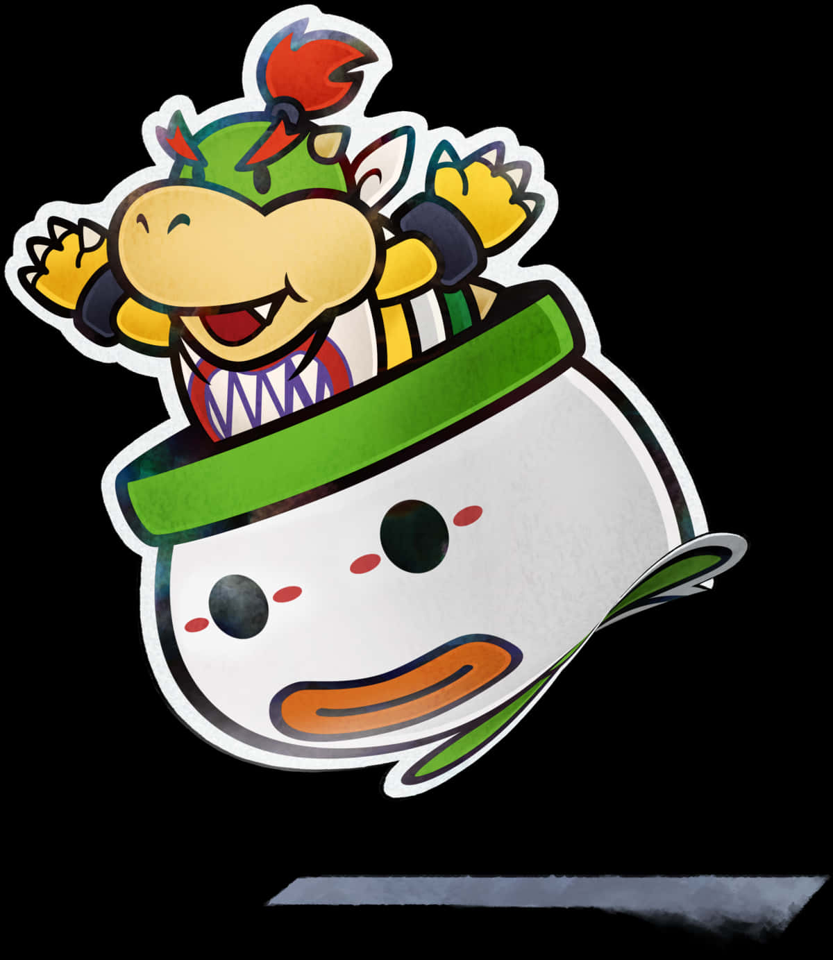 bowser 桌布 壁紙 — 一個快樂的卡通庫巴龜從一個微笑的白色杯子中探出頭來，杯子有綠色邊緣，背景是黑色。