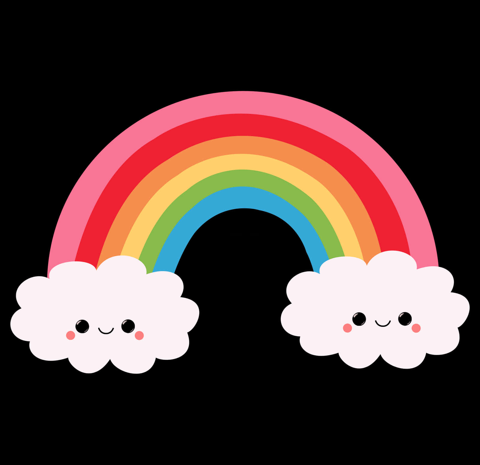 Cute Rainbow Pastel 桌布 壁紙 — 一個快樂的卡通彩虹，兩端有微笑的雲朵，背景為黑色。