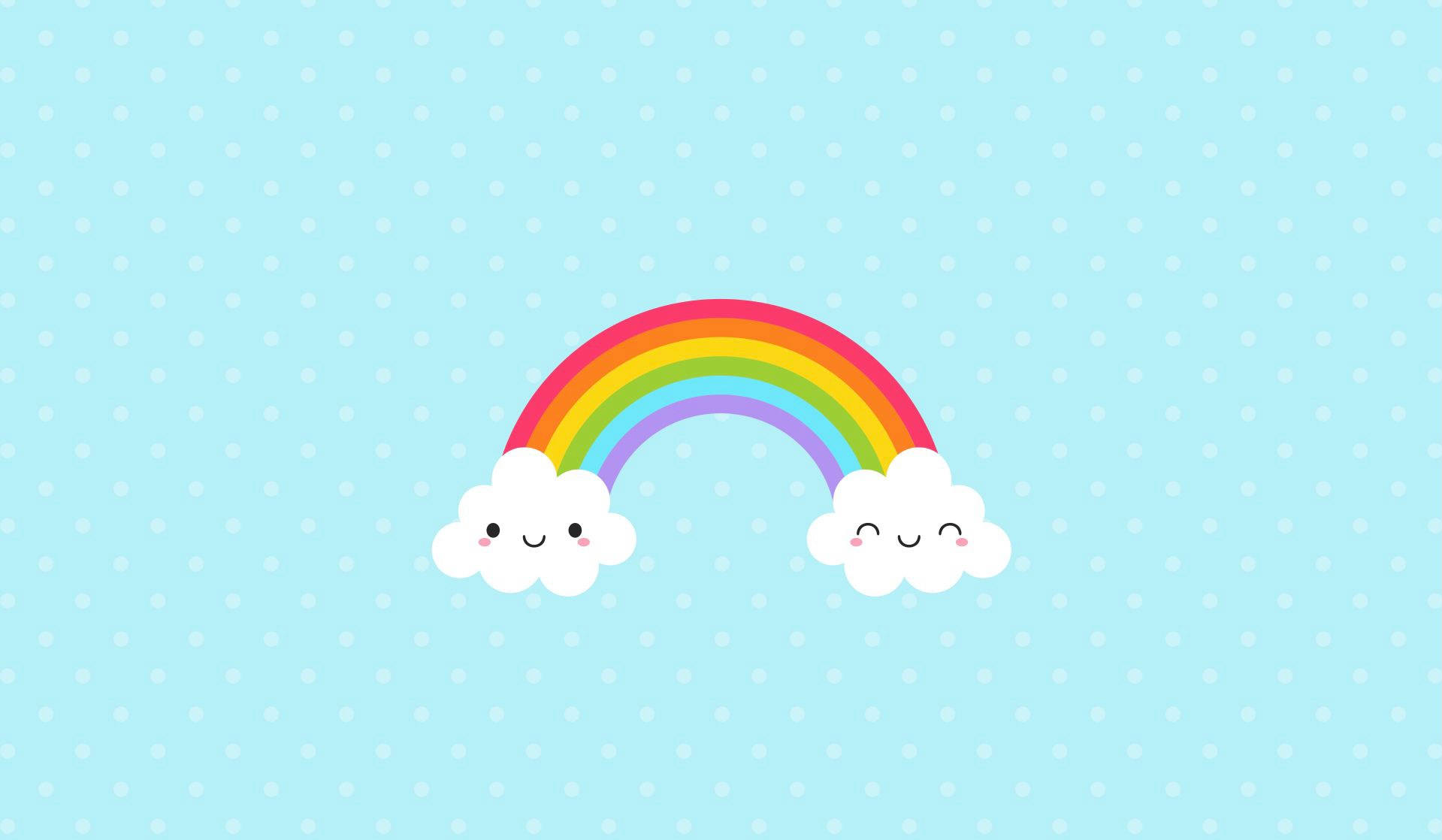 Pastel Rainbow 桌布 壁紙 — 一個快樂的卡通彩虹，帶有微笑的雲朵，在淺藍色圓點背景上。