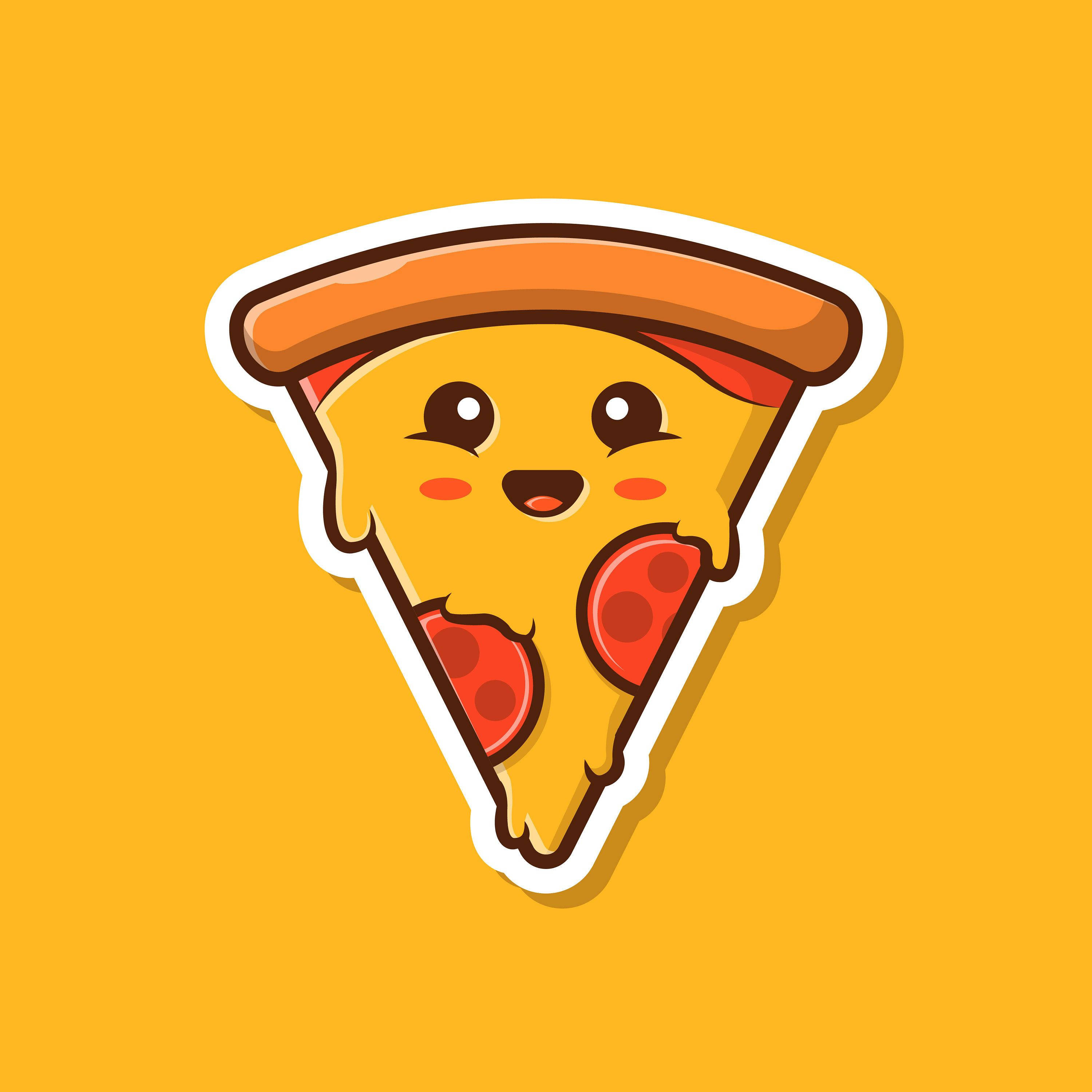 Pizza 桌布 壁紙 — 一個快樂的卡通披薩片，有大眼睛和微笑，背景是純黃色。