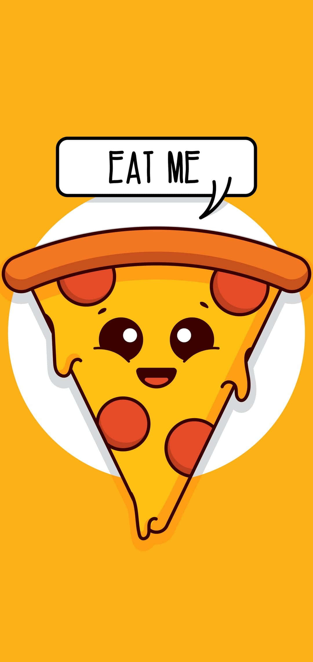 Cute Food 桌布 壁紙 — 一個快樂的卡通披薩片，有大眼睛和微笑，在純橙色背景上說吃我。