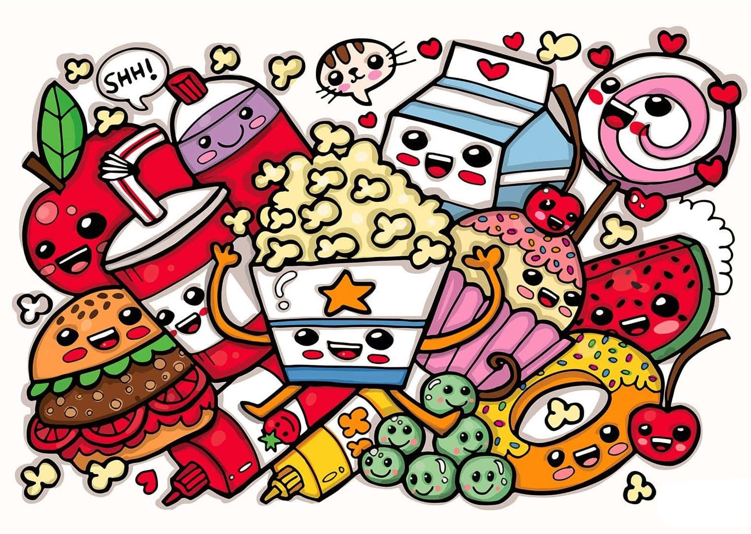 Cute Food 桌布 壁紙 — 一個快樂的卡通拼貼，包含微笑的食物如漢堡、爆米花和糖果，並有心形和對話氣泡。