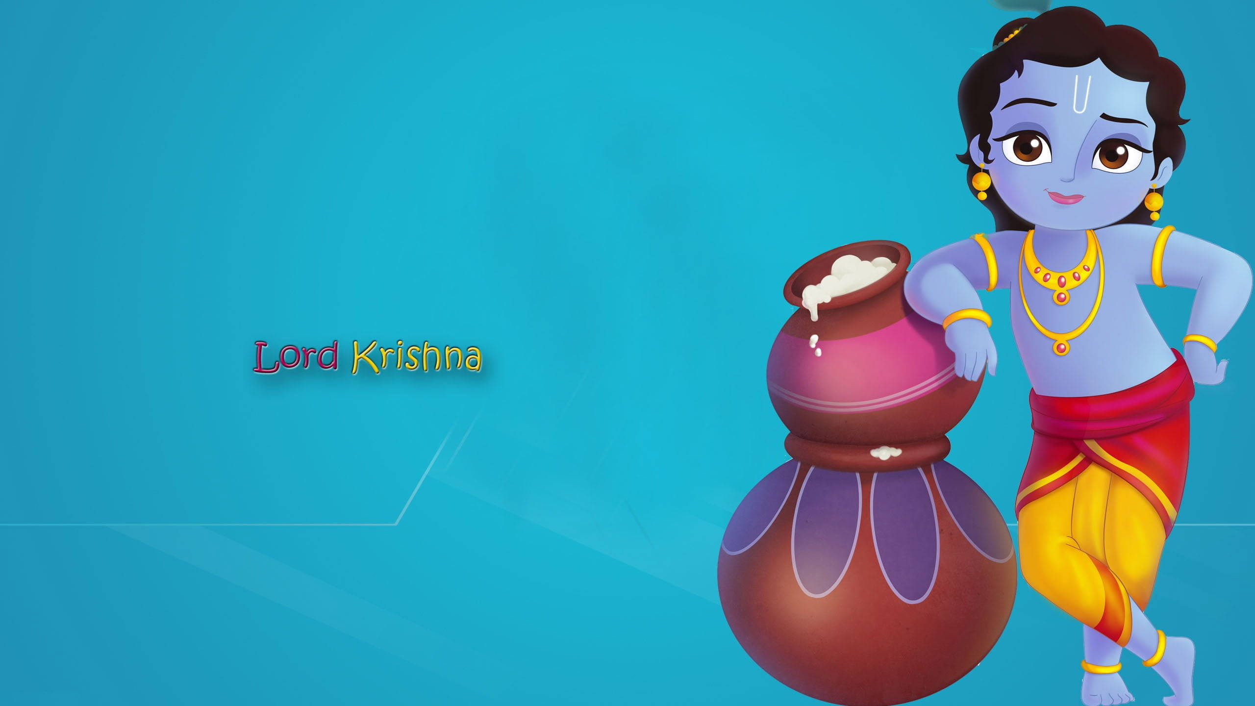 Shri Krishna 桌布 壁紙 — 一個快樂的卡通描繪，克里希納神手持一個大陶罐，罐中牛奶溢出，背景為純藍色。