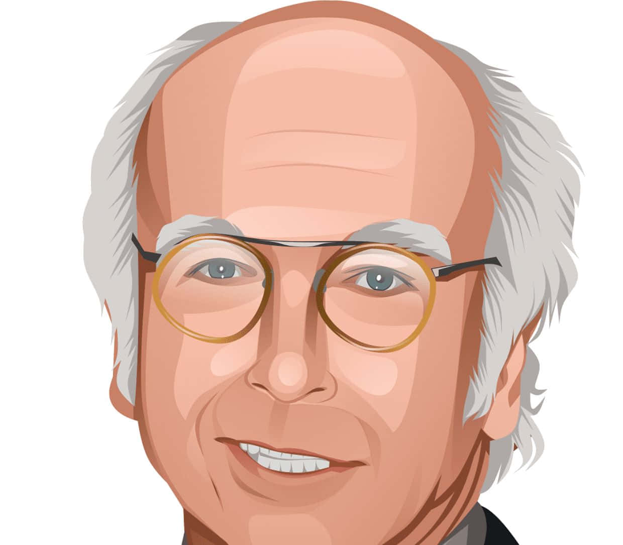 larry david 桌布 壁紙 — 一個快樂的卡通插圖，描繪一位禿頭、白髮、戴圓框眼鏡的男子溫暖地微笑。