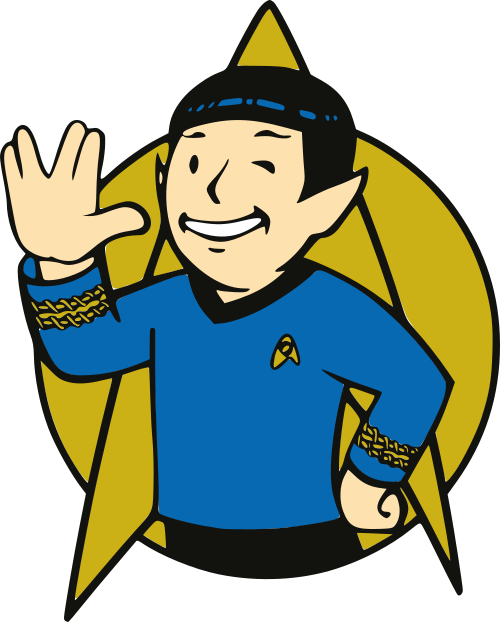 Star Trek Enterprise 桌布 壁紙 — 一個快樂的卡通星際艦隊軍官穿著藍色制服，在黃色星爆背景下愉快地揮手。