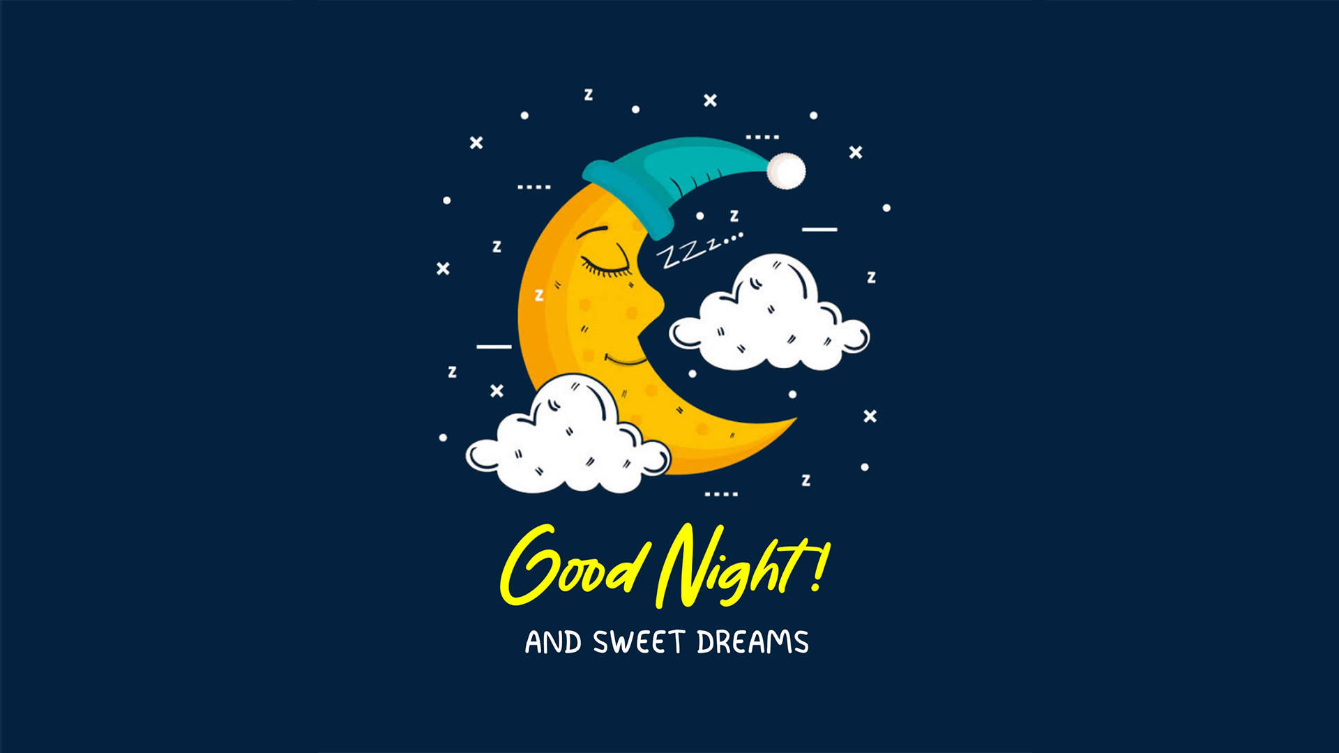 晚安 桌布 壁紙 — 一個快樂的卡通月亮戴著青綠色睡帽，在深藍色夜空中的雲朵和星星之間平靜地微笑。