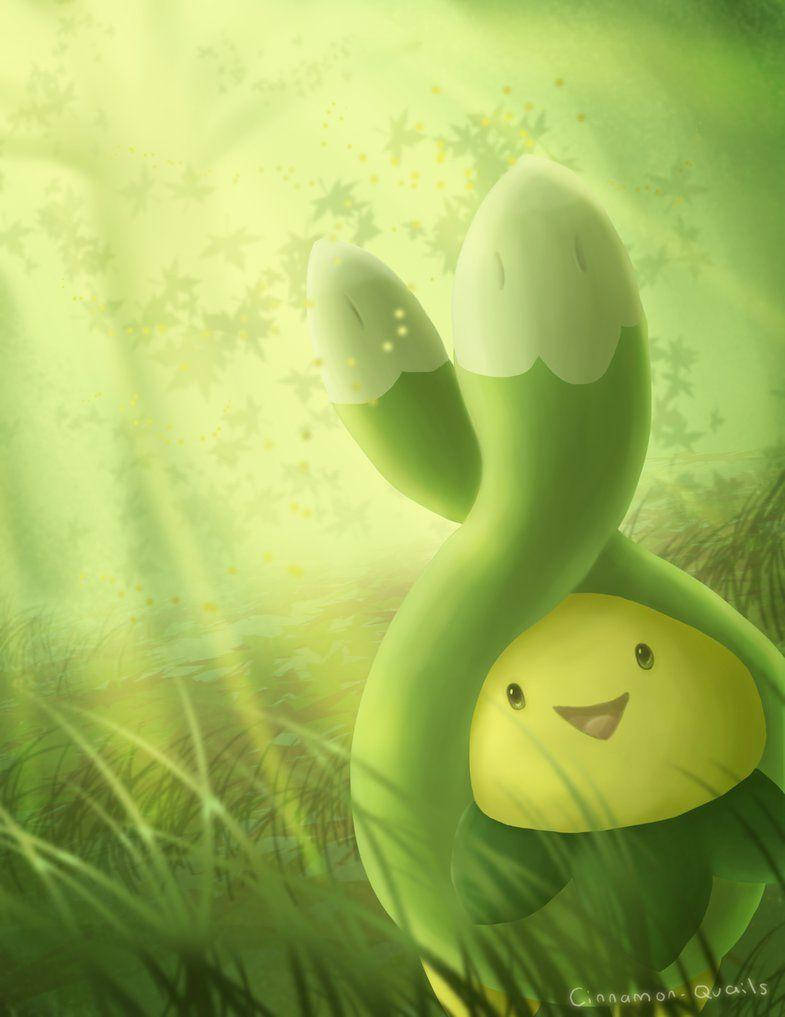 寶可夢 桌布 壁紙 — 一個快樂的卡通植物生物，帶著微笑的臉和葉子手臂，在陽光明媚的綠色草地上揮手。