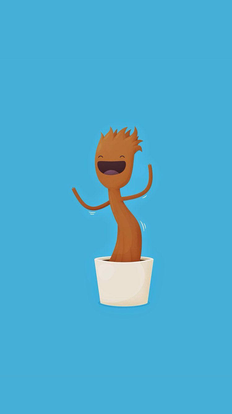 Baby Groot 桌布 壁紙 — 一個快樂的卡通樹角色，有著尖刺頭髮，在純藍色背景下的白色花盆中歡快地跳舞。