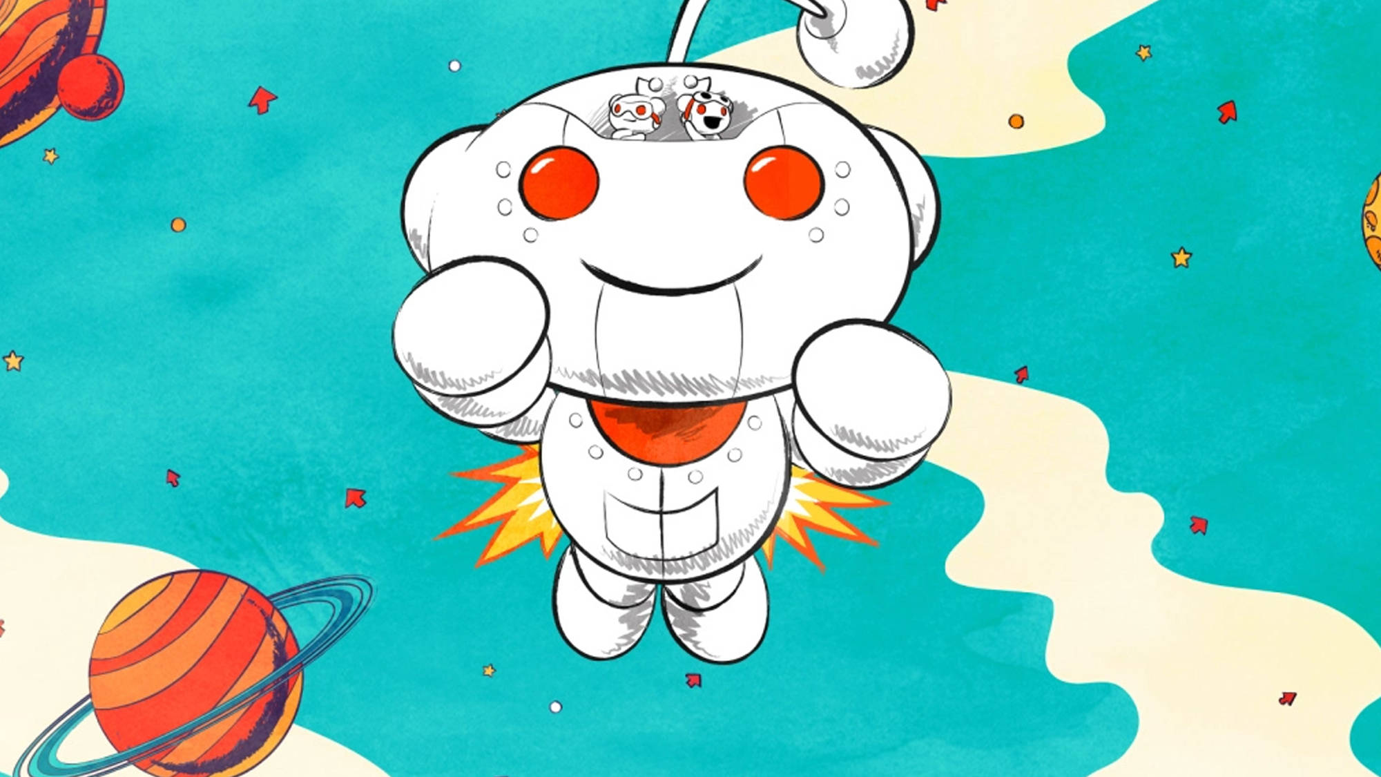 reddit 桌布 壁紙 — 一個快樂的卡通機器人，紅色眼睛，背著火箭背包，在充滿行星和星星的藍綠色太空中漂浮。