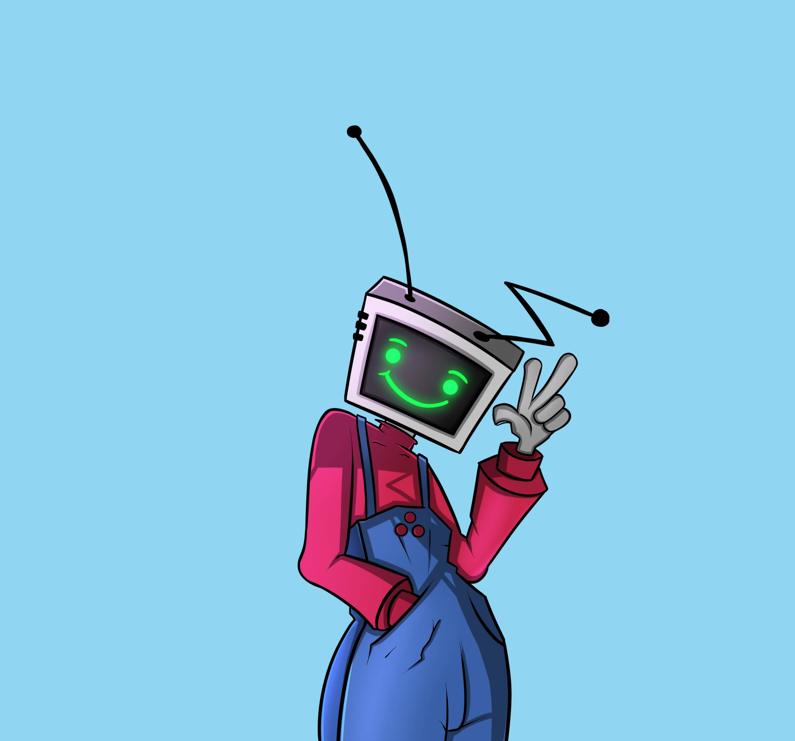tv 桌布 壁紙 — 一個快樂的卡通機器人，頭部是電視機，綠色笑臉，在純藍色背景上比出和平手勢。