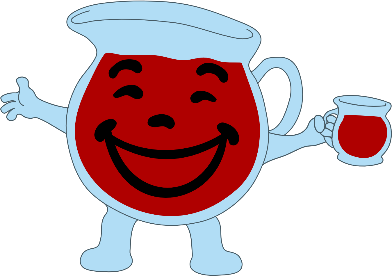 Kool Aid 小幫手 桌布 壁紙 — 一個快樂的卡通水壺，紅色笑臉和淺藍色身體，在黑色背景上拿著一個配套的杯子。