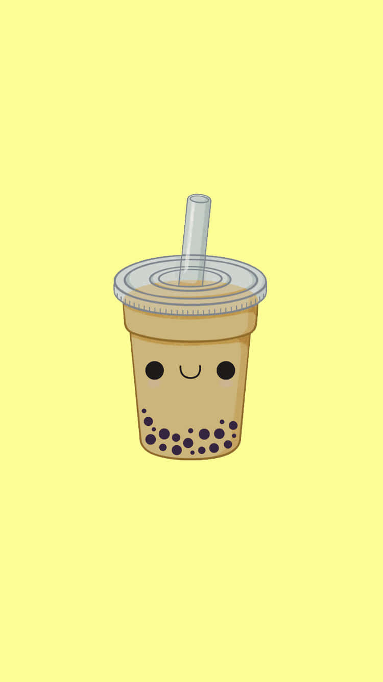 珍珠奶茶 桌布 壁紙 — 一個快樂的卡通泡泡茶杯，帶有笑臉和黑色珍珠，背景是柔和的黃色。
