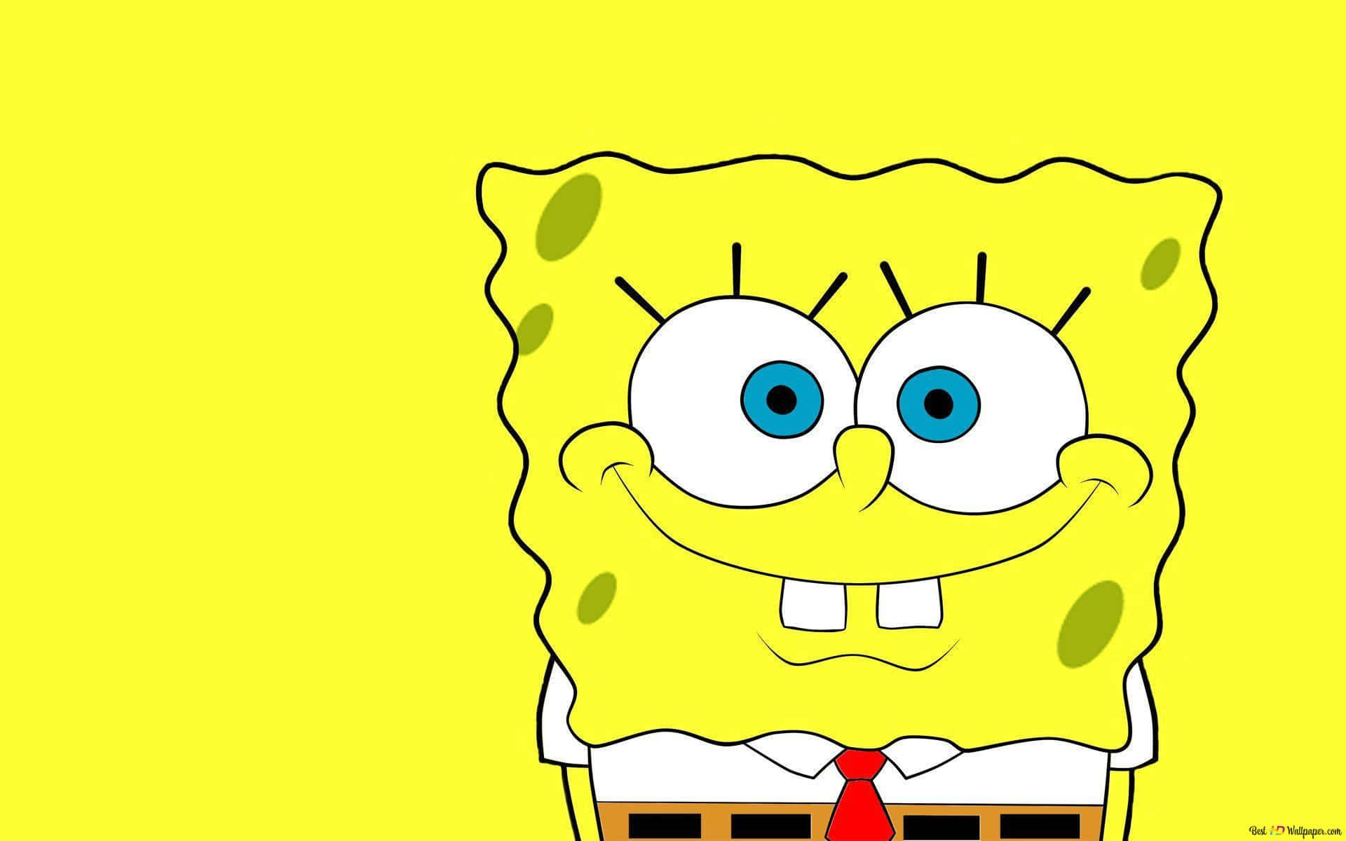 Spongebob Characters 桌布 壁紙 — 一個快樂的卡通海綿角色，有著大大的藍眼睛和紅色領帶，在純黃色背景上微笑。