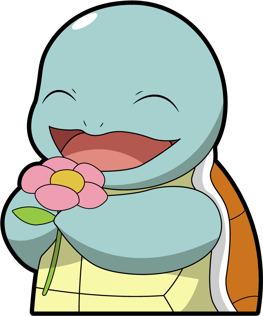 Squirtle 桌布 壁紙 — 一個快樂的卡通烏龜角色，一邊拿著粉紅色的花靠近笑臉，一邊開心地大笑。