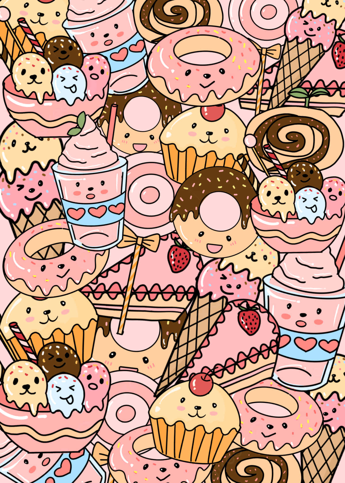 Cute Dessert 桌布 壁紙 — 一個快樂的卡通爆炸，充滿粉紅色糖霜甜甜圈、杯子蛋糕和冰淇淋聖代，帶著可愛的笑臉。