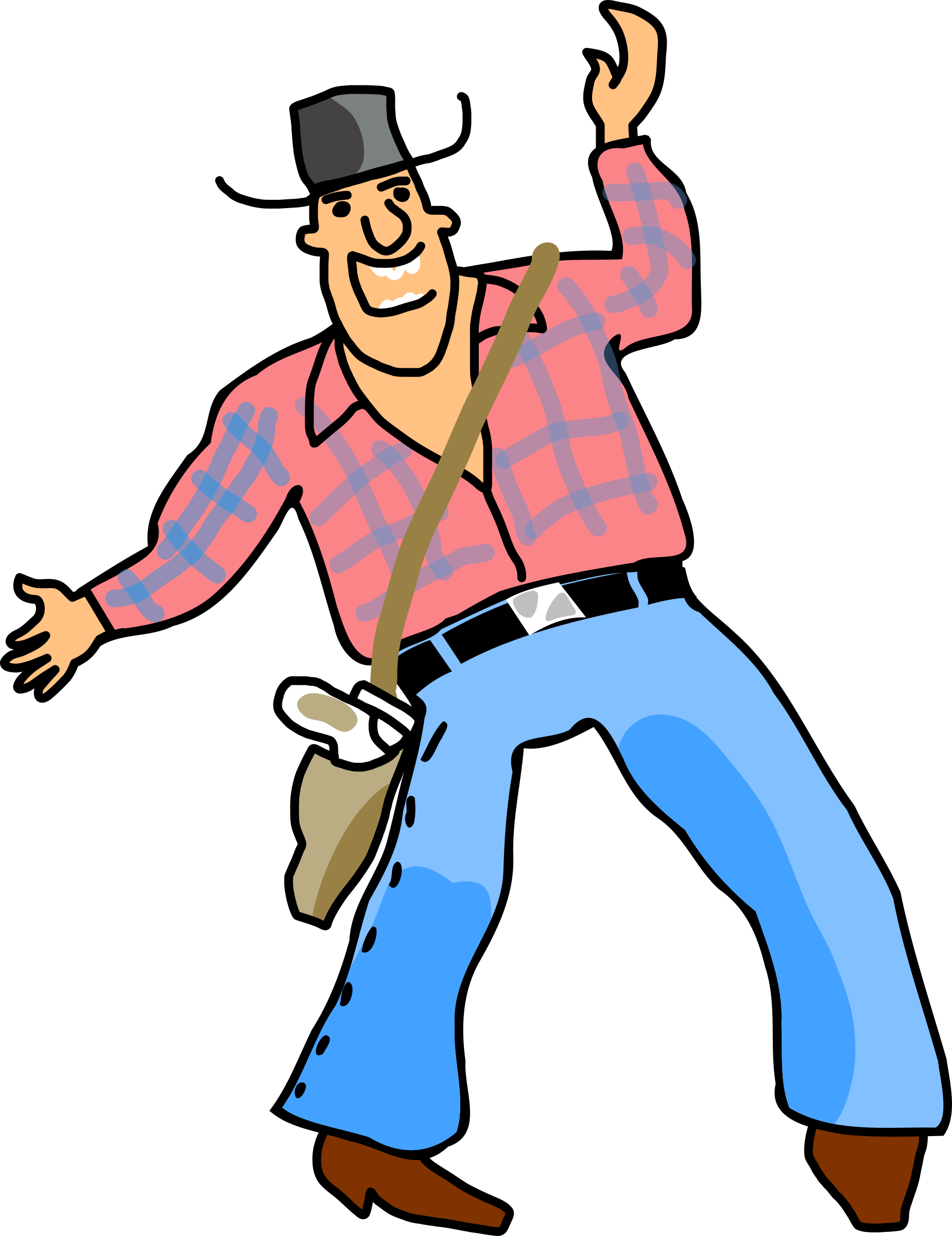 Cowboy 桌布 壁紙 — 一個快樂的卡通牛仔穿著格子襯衫和藍色牛仔褲，在黑色背景上戴著套索和向後傾斜的帽子跳舞。