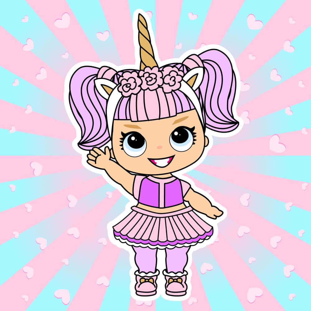 Lol Doll 桌布 壁紙 — 一個快樂的卡通獨角獸女孩，紮著粉紅色辮子，在點綴著心形的粉紅和粉藍色放射背景前揮手。