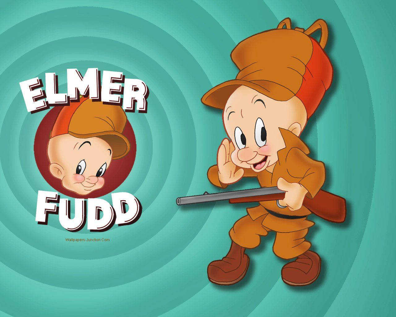 Elmer 桌布 壁紙 — 一個快樂的卡通獵人穿著橙色裝備，在藍綠色螺旋背景前拿著步槍，並顯示他的名字。