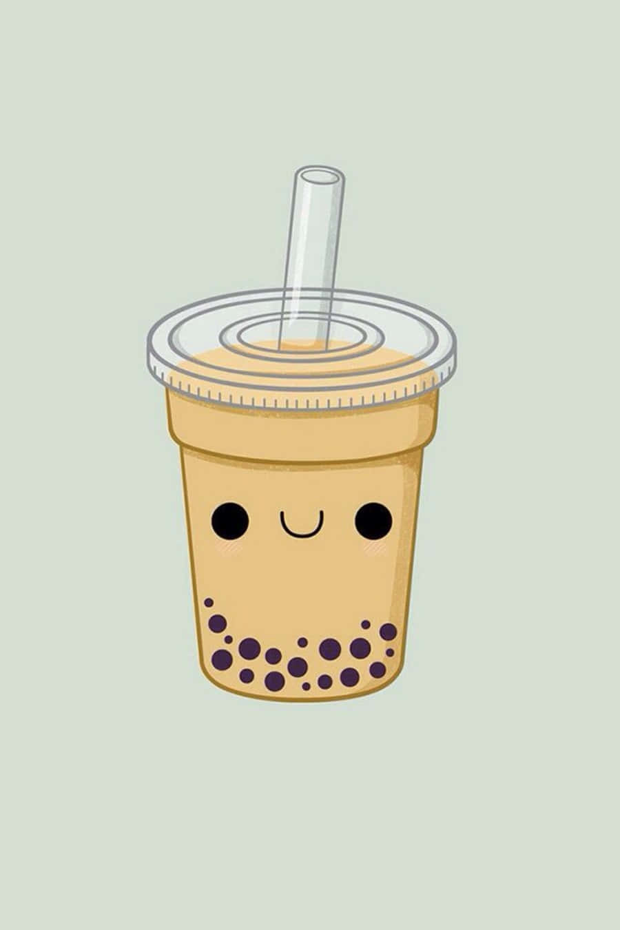 Cartoon 桌布 壁紙 — 一個快樂的卡通珍珠奶茶杯，帶有微笑的臉和黑色木薯珍珠，背景是柔和的薄荷色。