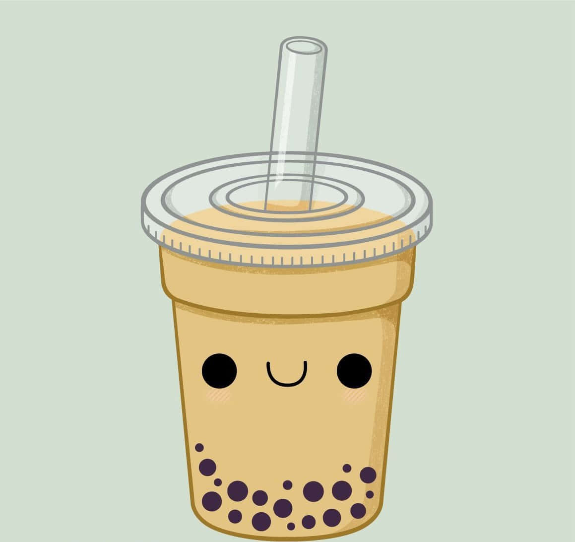 珍珠奶茶 桌布 壁紙 — 一個快樂的卡通珍珠奶茶杯，帶有微笑的臉和黑色珍珠，背景是柔和的薄荷色。